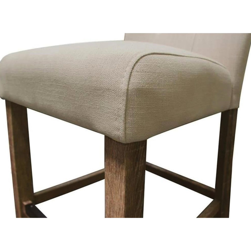 Deux chaises de comptoir en bois gris avec dossier, mélange de beige et repose-pieds, tabourets à hauteur rembourrée, mélange, pieds