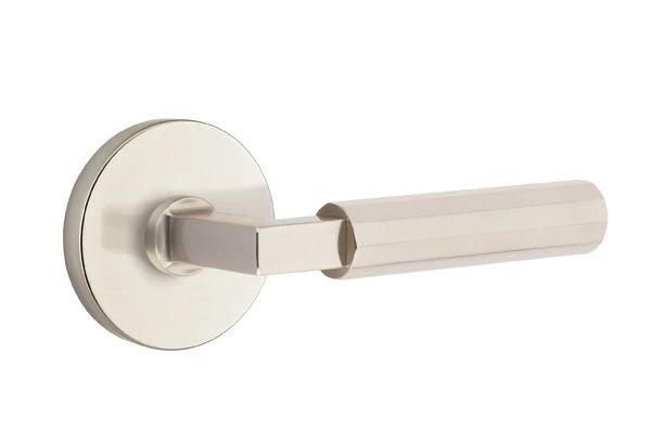 Mortaise intérieure Emtek Select avec rosette à disque et tige carrée en L, levier à facettes, Gauche, Nickel satiné