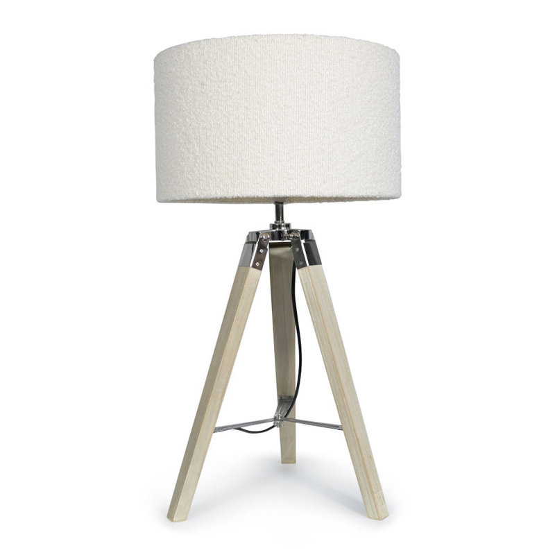 Plamond Light Wood Tripod Table Lamp with Cream Boucle Reni Shade and 6W LED GLS Bulb, Yes, Cream