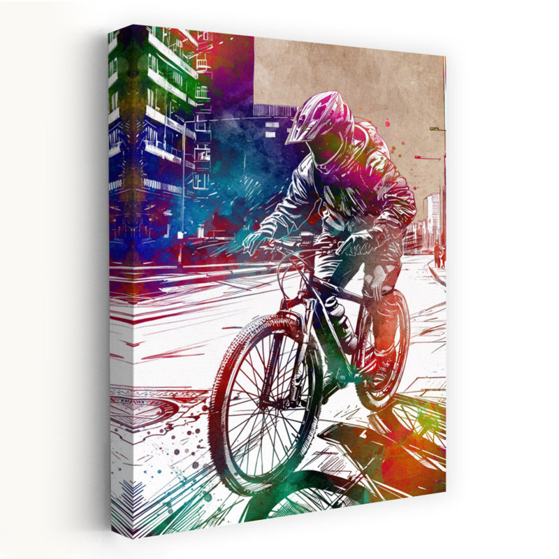 «Vibrant Street Biker Contemporary Architecture City», art mural, 48" H x 32" W