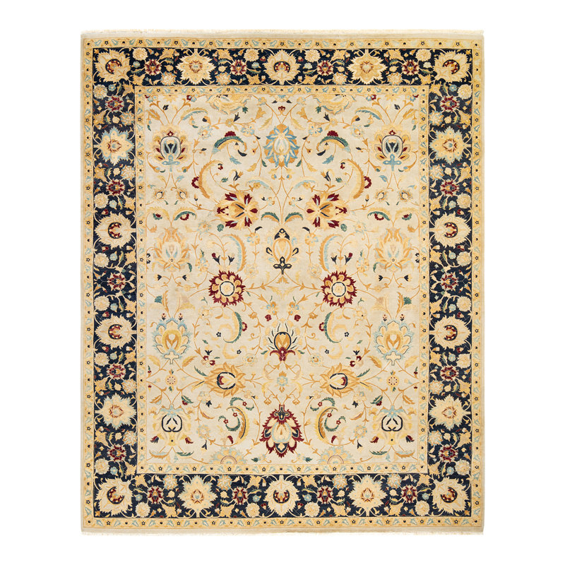 Tapis unique noué à la main Pompey - ivoire / bleu marine, 8 pi x 10 pi 1 po