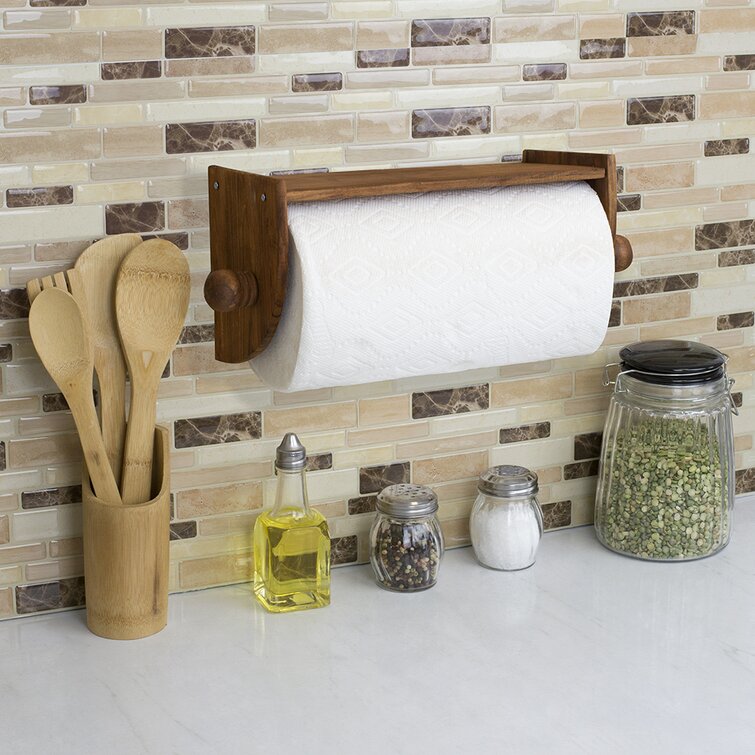 Walnut Paper Towel Holder Under Cabinet, Adhesive No Drill Wood Papertowel  For