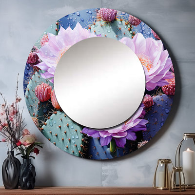 Rose, vert, cactus délicat, pêche complexe I - miroir de cactus, miroir mural décoratif rond traditionnel, impression d'art en métal