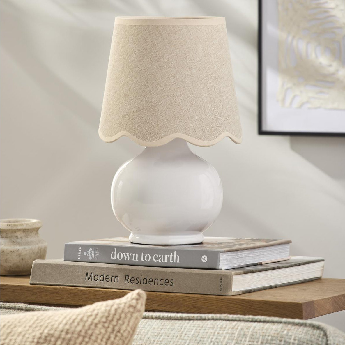 Momsen Ceramic Bedside Lamp, Beige, High Gloss White