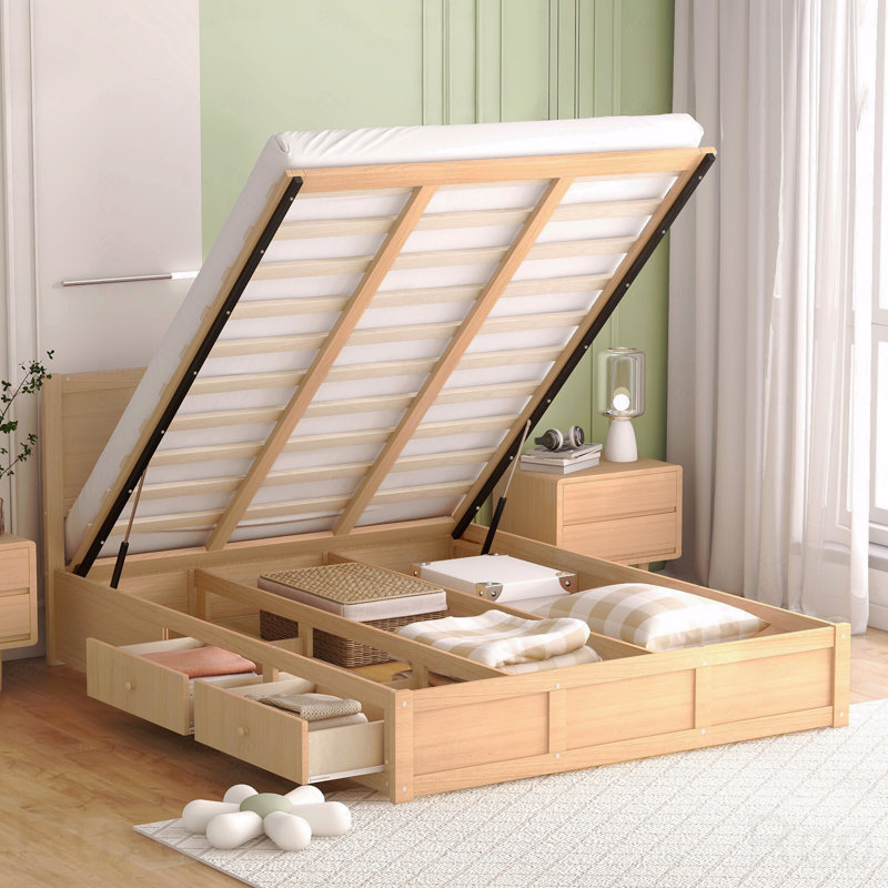 Base de lit plateforme en bois grand, rangement sous le lit, 2 tiroirs