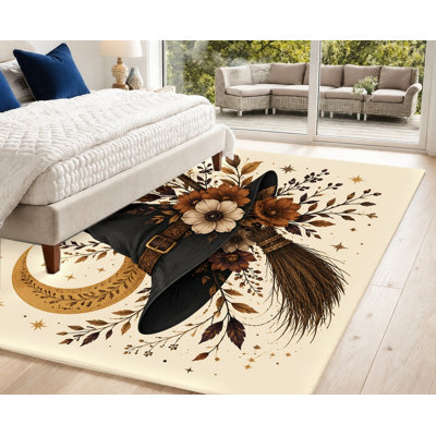Tapis d'Halloween chapeau de sorcière balai lune, thème automne automne, motif floral de sorcellerie, tapis antidérapant artistique, décoration intérieure confortable pour le salon, la chambre à coucher, le vestibule, appartement
