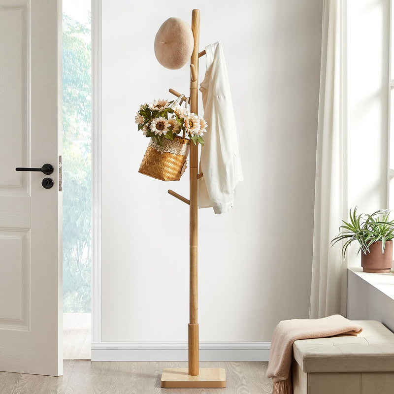 Trikomou Solid Wood 8-Hook Freestanding Coat Rack , Natural Wood