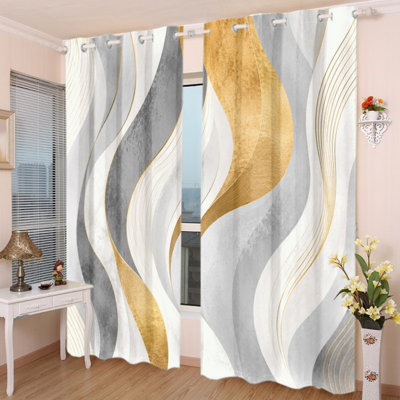 Ensemble de 2 rideaux occultants à œillets, motif géométrique abstrait ondulé, gris doré, design tendance, isolation thermique, occultation, protection solaire, réduction du bruit, pour la décoration de la chambre.