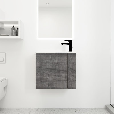 Lavabo pour salle de bain, 22 po x 13 po, fermeture en douceur, chêne gris écossais, fixation murale 22 po avec lavabo, porte fermée, décor moderne