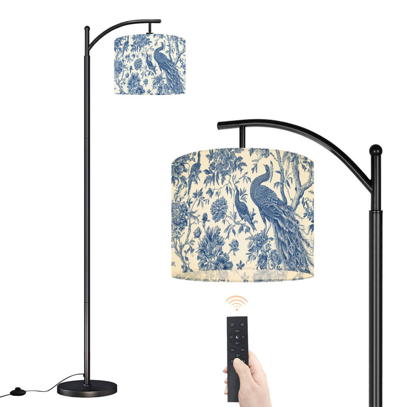 Lampe sur pied à arc avec abat-jour réglable, bleu, blanc, paon floral, lampe sur pied, 3 températures de couleur, intensité variable, grand pôle avec interrupteur au pied pour la chambre à coucher