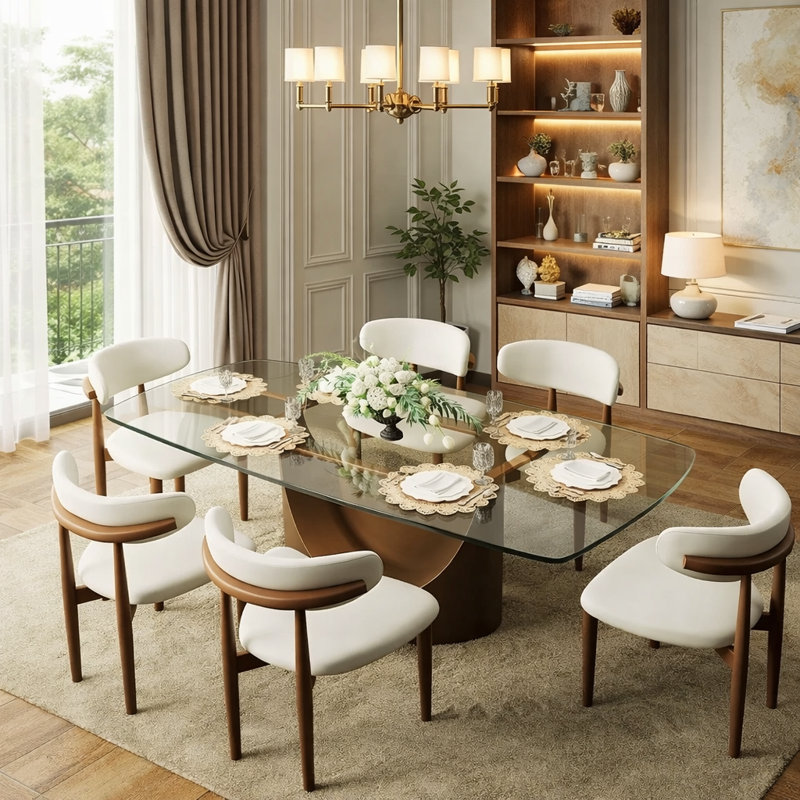 Modern Glass Dining Table with Pedestal Base, Rectangular Tempered Glass Top for 4-8, 30.70”H x 78.74”L x 36.61”W