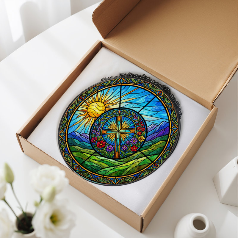 Panneau de vitrail 12 "H Sun Cross, 12" H x 12" W