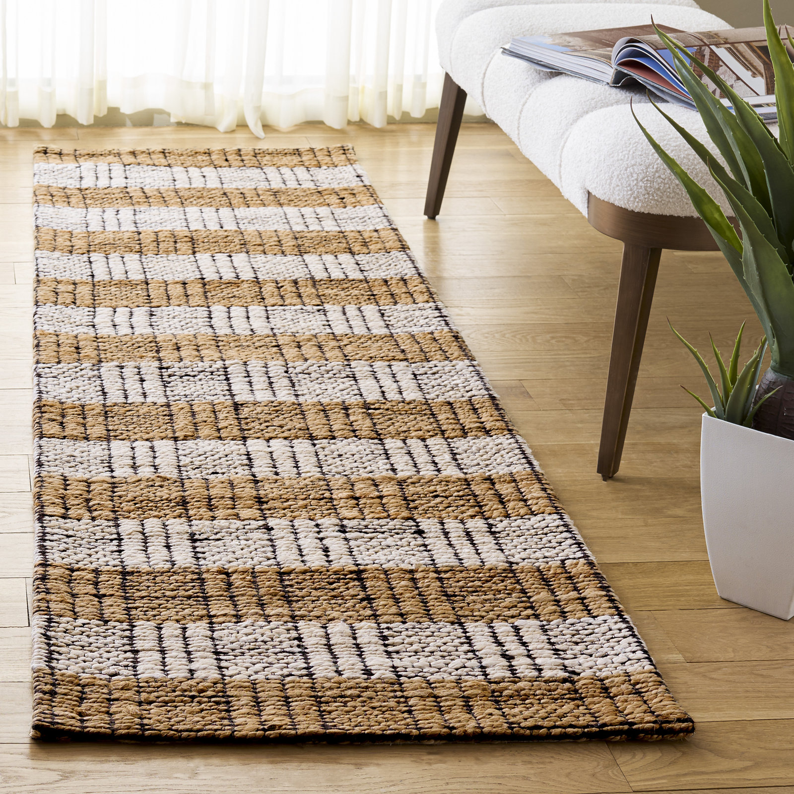 Natural Fiber Hand Woven Jacquard Performance Striped Indoor Rug, 2'-3" X 8'-0" Runner