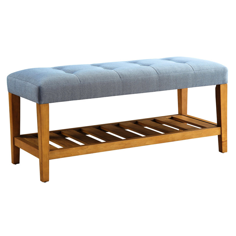 Banc chic bleu avec tablette en chêne et coussin rembourré