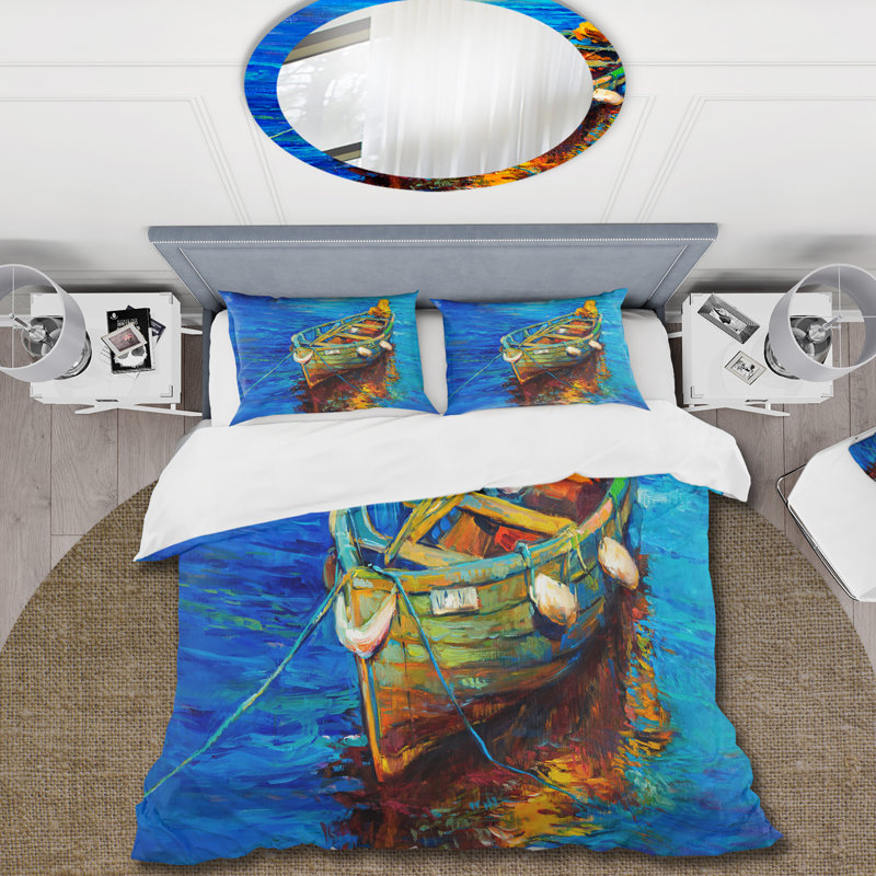 Bateaux qui se reposent sur l'eau pendant le coucher du soleil chaud IV - Ensemble de housse de couette nautique - Microfibre de polyester