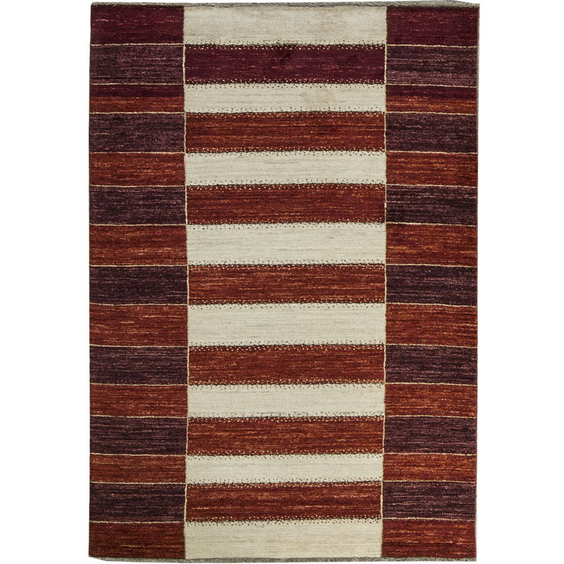Tapis unique rayé à la main en laine rouge / crème Gabbeh