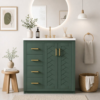 Meuble-lavabo de 30 po en bois massif avec lavabo en céramique, 3 tiroirs et portes à fermeture douce pour un grand rangement