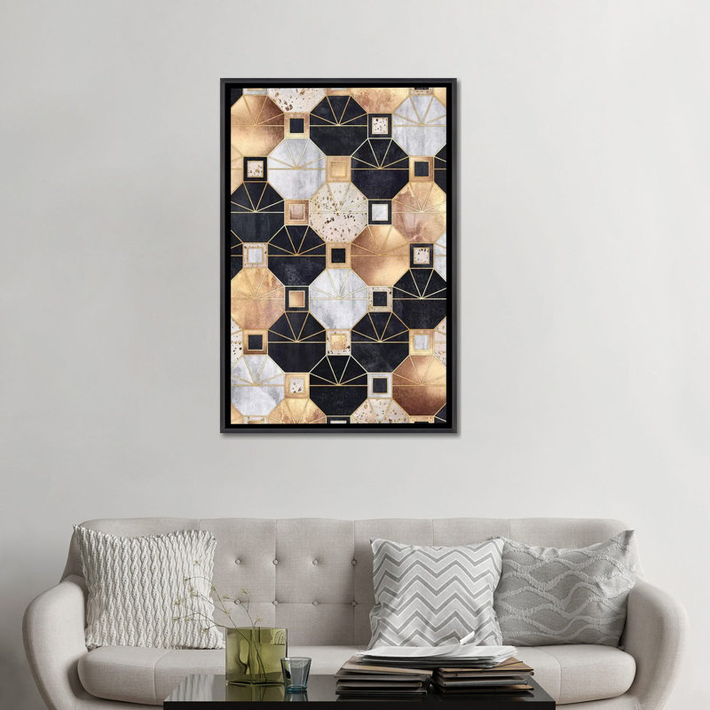 Art déco octogones par Elisabeth Fredriksson-impression d’art graphique, Toile avec cadre noir patiné, Pas de tapis