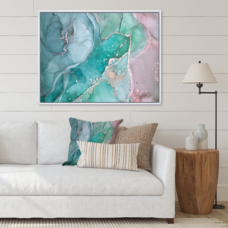Marbre abstrait turquoise - peinture sur toile, H 16 po x l 32 po, Cadre flottant blanc