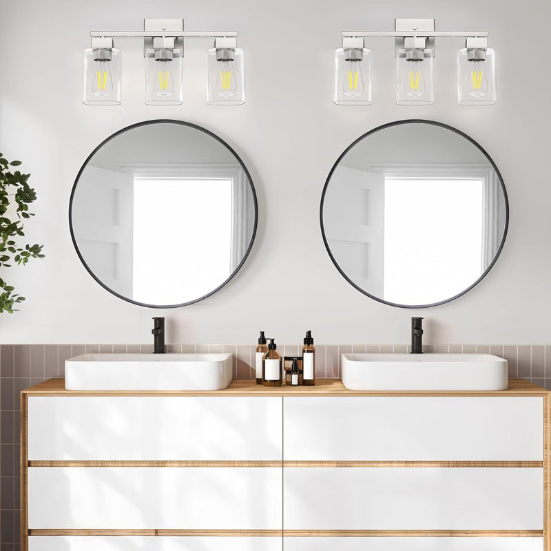 Brushed Nickel Bathroom Vanity Light Fixture With Square Design, 3-Light Over Mirror, UL Certified, Durable Metal Frame & Clear Glass Shades