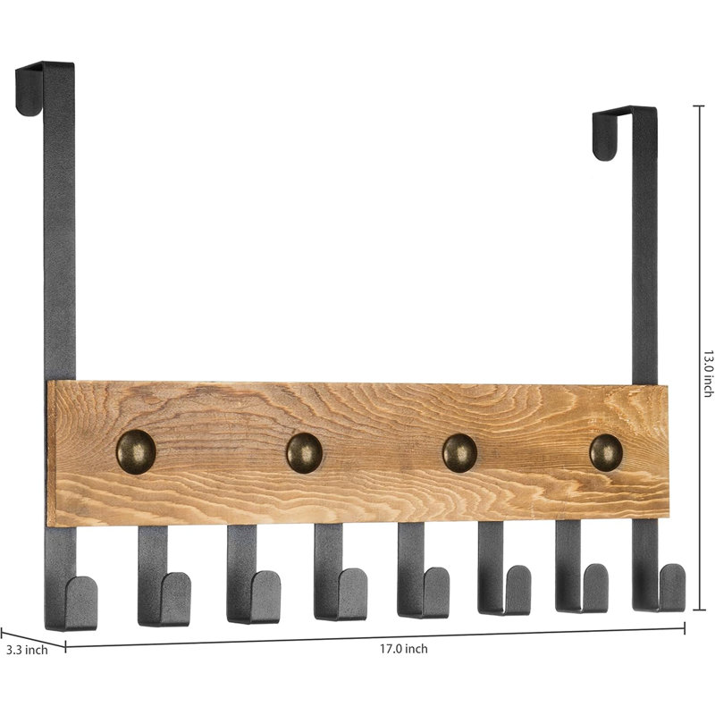 Porte-crochets au-dessus de la porte avec 8 crochets en métal - Porte-serviettes en bois brûlé rustique et en métal noir pour la salle de bain, la cuisine, la chambre à coucher ou le vestibule - Solution de rangement peu encombrante