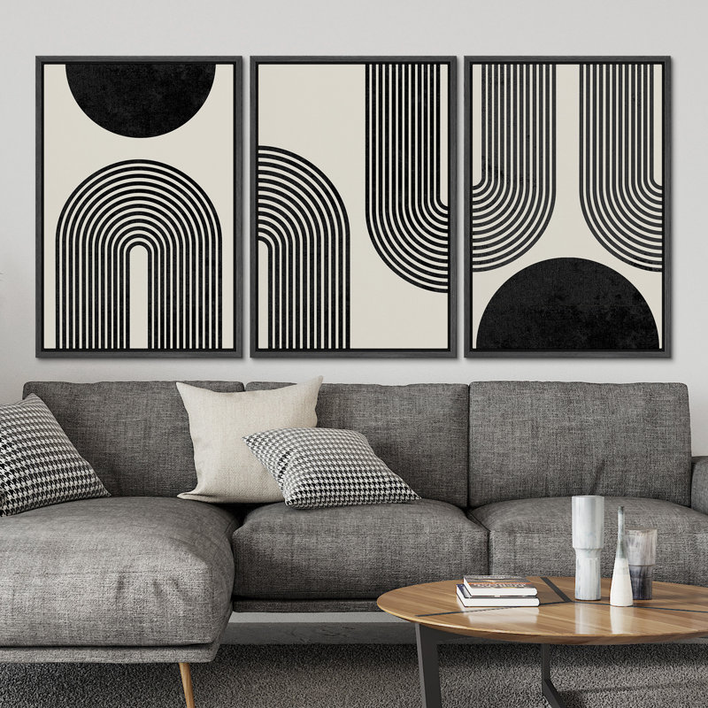 Black Mid-Century Modern Contemporary Pictures Boho Home Decor - Framed Canvas Print Wall Art Work, Black Framed