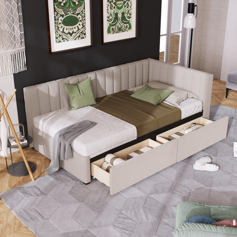 Lit de jour rembourré avec cadre de canapé-lit à 2 tiroirs de rangement, Beige