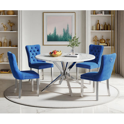 Round Dining Table Set, White Marble Dining Table & Velvet Dining Chairs with Stainless Steel Pedestal, 45" Dining Room Table and Chairs Set, Luxury Dining Table Set