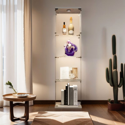 Lighted 4-Shelf Glass Display, White - For Collecting Items Storage Cabinet Spacious Various