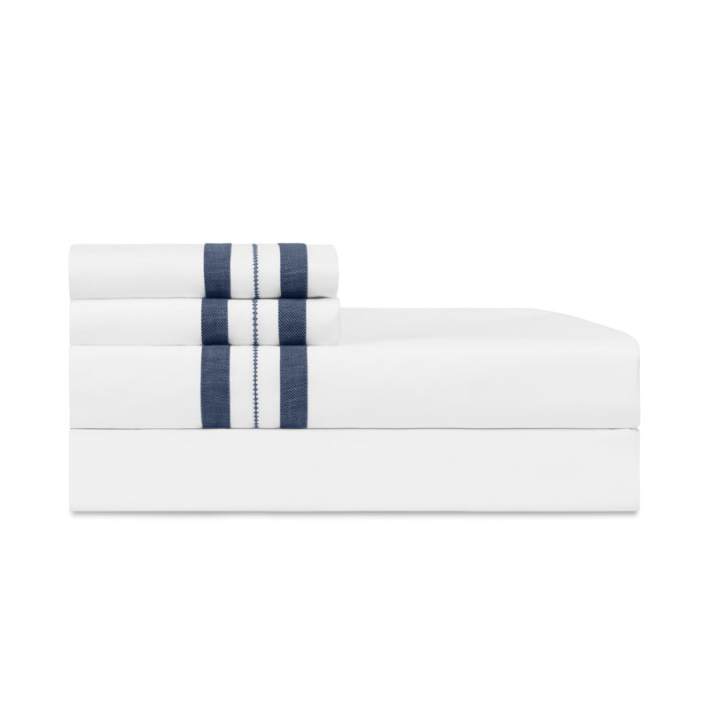 Malibu Percale Sheet Set, White/Navy Blue, King Sheet Set with 2  Pillowcases