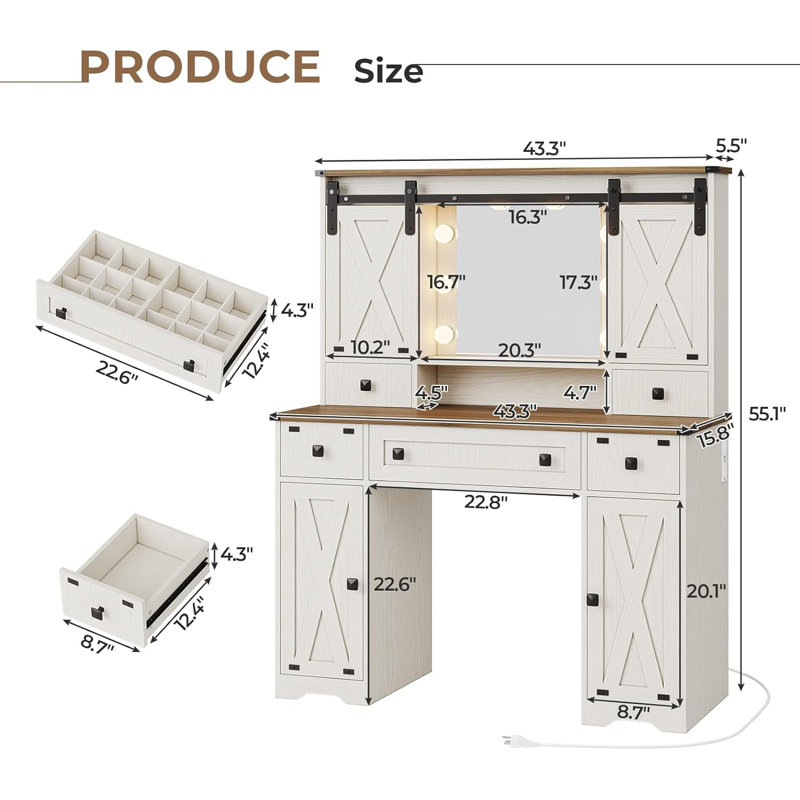 Farmhouse Vanity Desk With Mirror And Lights, White Makeup Dressing Vanity Table With Charging Station, Rustic Country Vanity Mirror With Sliding Barn Door 3 Lighting Modes Adjustable