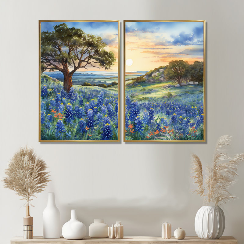 Coucher de soleil bleu - art mural bleu, 36" H x 48" W, Floater Framed Print, Gold