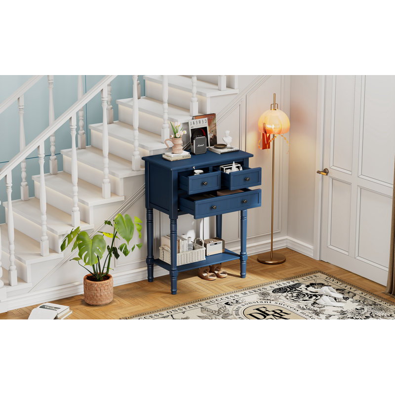 Narrow Console Table, Slim Sofa Table With Three Storage Drawers And Bottom Shelf, Navy