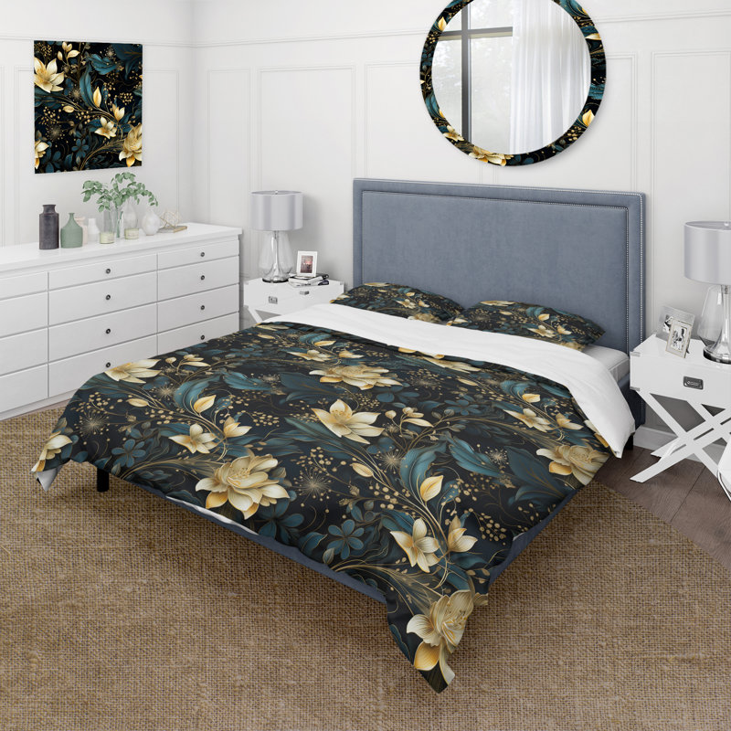 Literie Golden Night Flowers Paisley I, Housse de couette pour très grand lit et 2 très