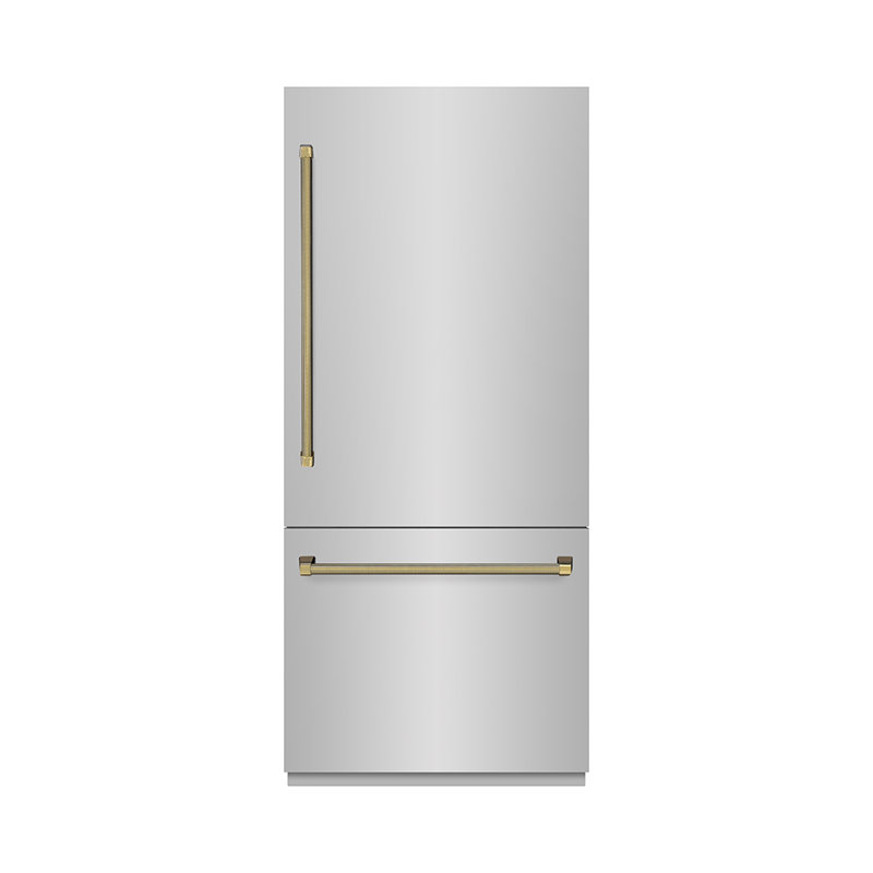 ZLINE Autograph 36 in. Built-In Refrigerator w/ Gray Interior and Polished Gold Helix Handles, Gold