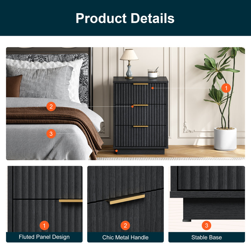 23.6“ 3-Drawer Nightstand, Black