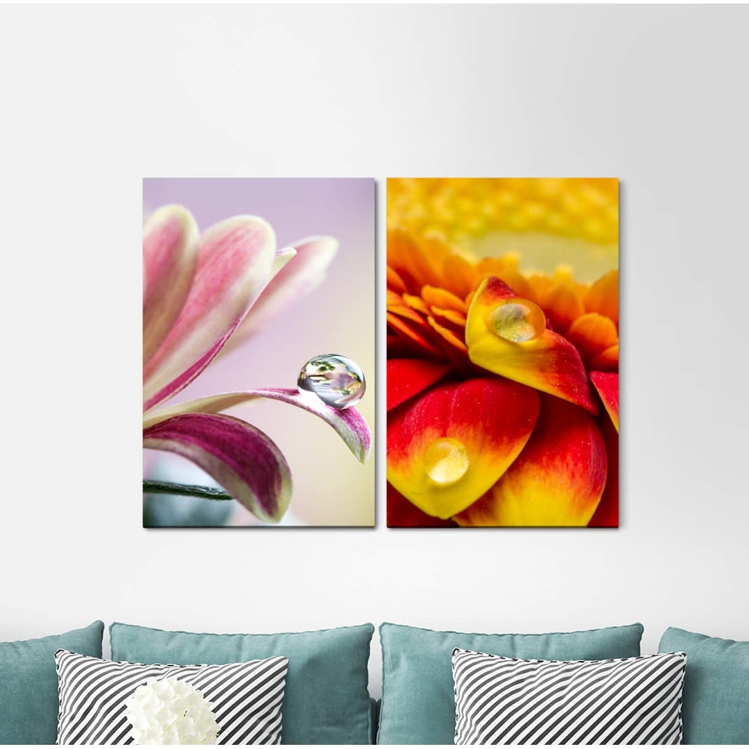 2-tlg. Leinwandbilder-Set - Grafikdruck „Drop Flowers Blossoms Pinkcozy Beautiful”