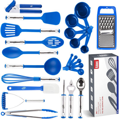 Ensemble d'ustensiles de cuisine de 24 pièces Kaluns - silicone résistant à la chaleur et acier inoxydable, antiadhésif, poignées ergonomiques, bleu, ustensiles de cuisine complets