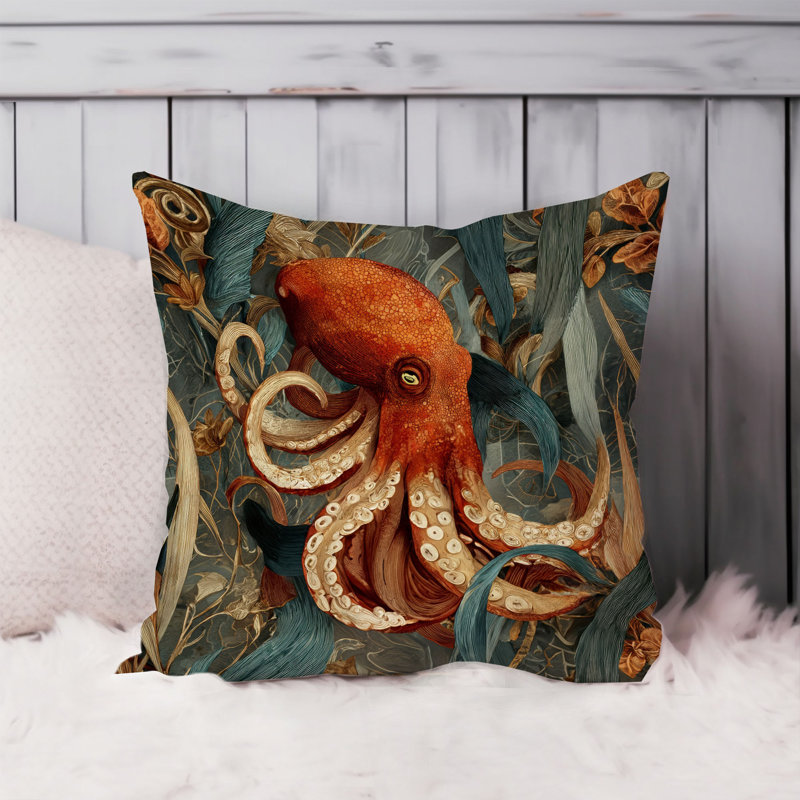 Housse de coussin nautique Beach and Coastal Octopus, Vert / rouge nautique / plage 1, Carré 16 po