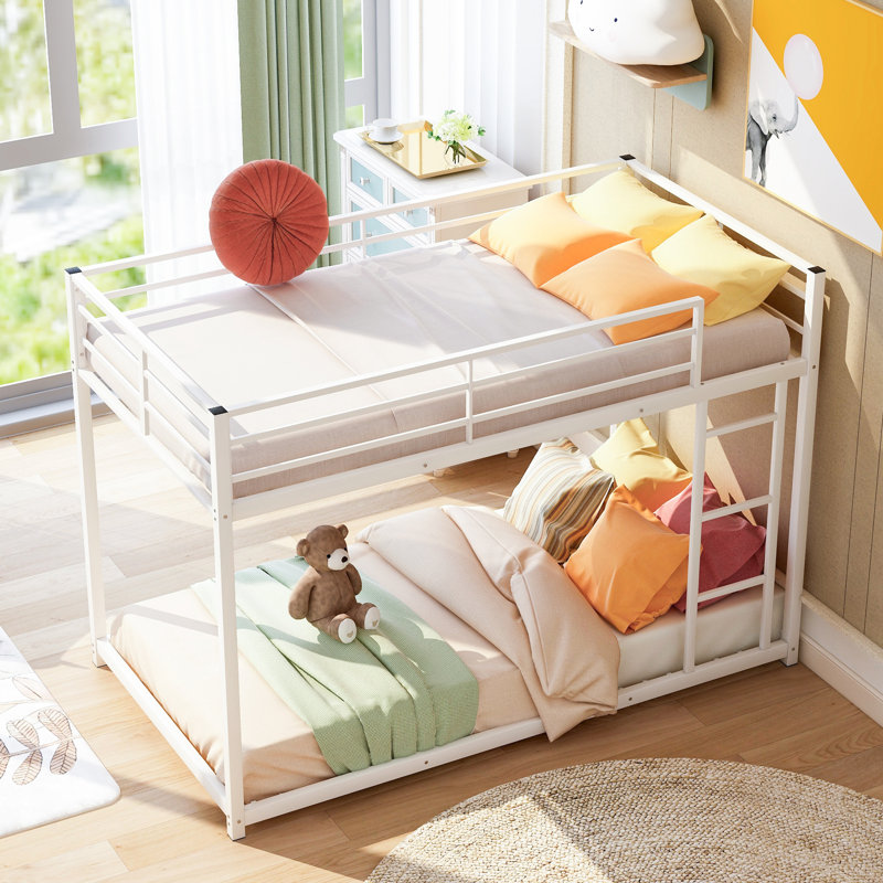Twin Over Twin Metal Bunk Bed, Low Bunk Bed With Ladder,White, White