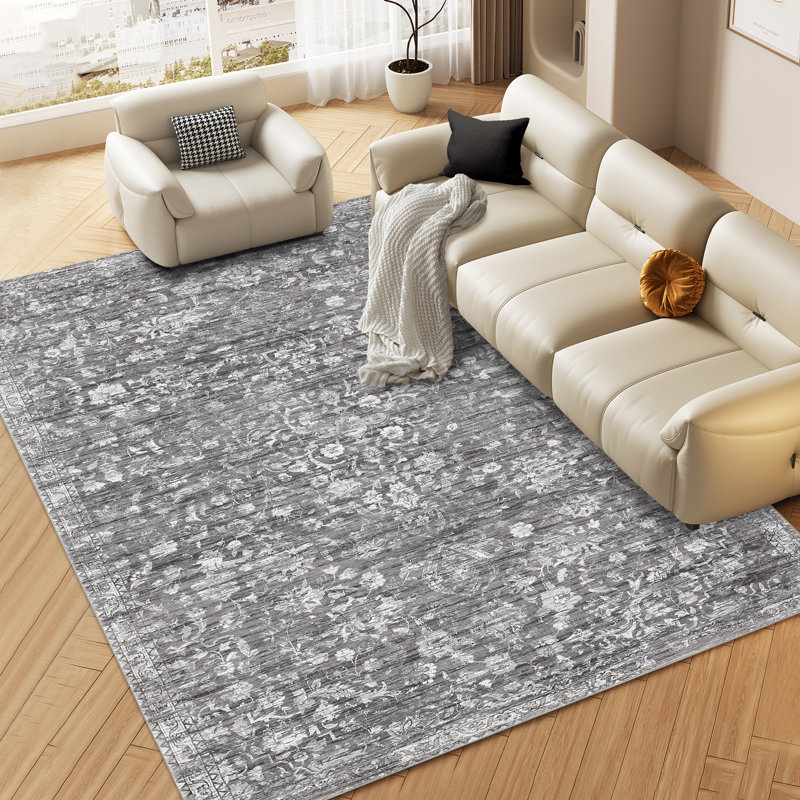 Oriental Machine Washable Rug with Rubber Backing for Living Room Non-Slip Dining Room Rug Easy-Cleaning Floor Carpet for Bedroom Office Playroom_OKPHO_155Y_Floral;Oriental_Gray