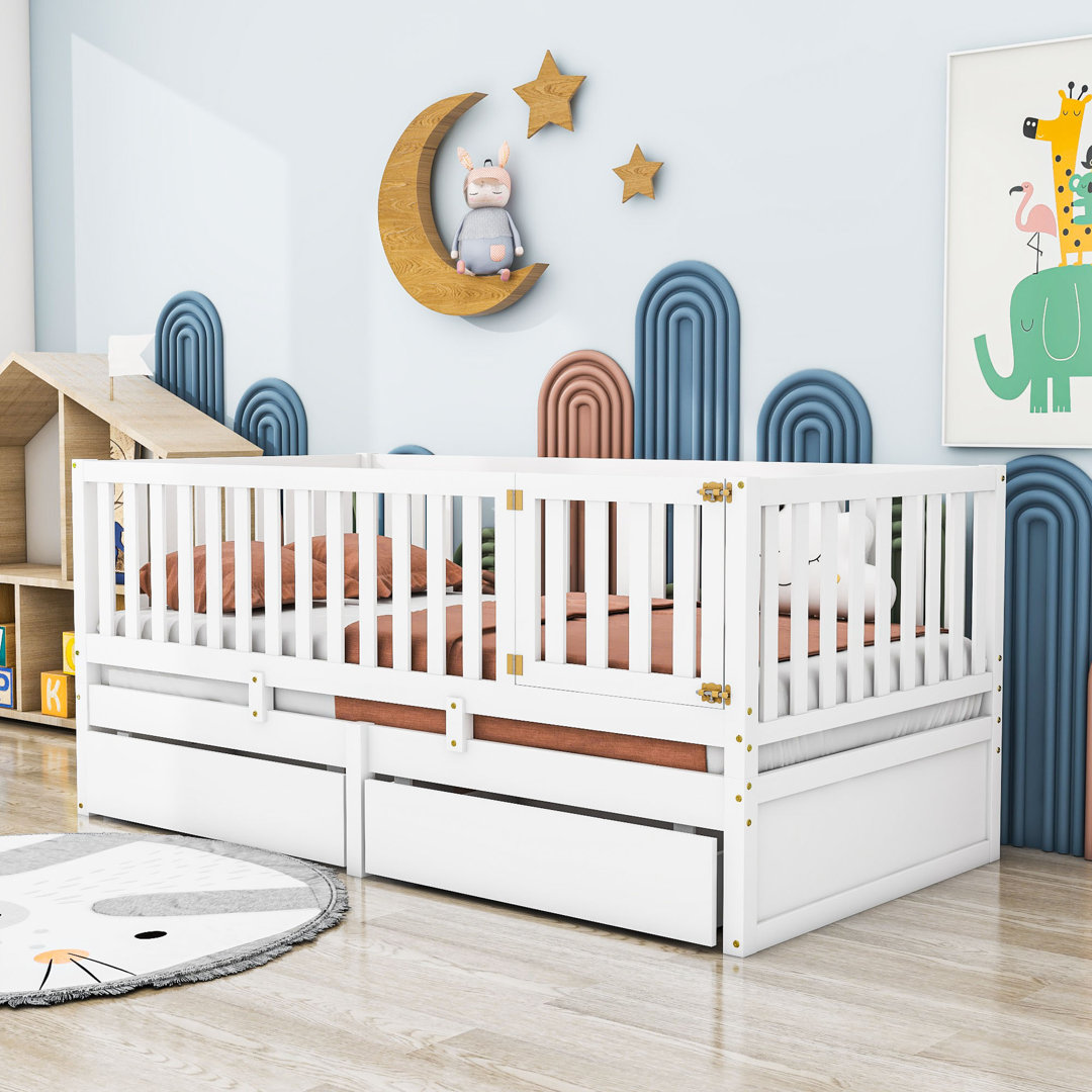 Wood 2 Drawers Floor Bed with Guardrails GoBeyondFurniture