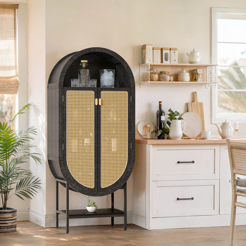 Wine Cabinet with Rattan Door, Black