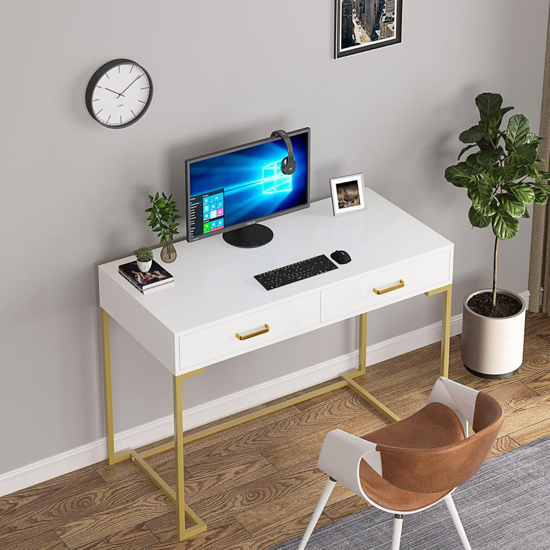 Bureau d'ordinateur avec 2 tiroirs, bureau à domicile moderne, table d'écriture compacte