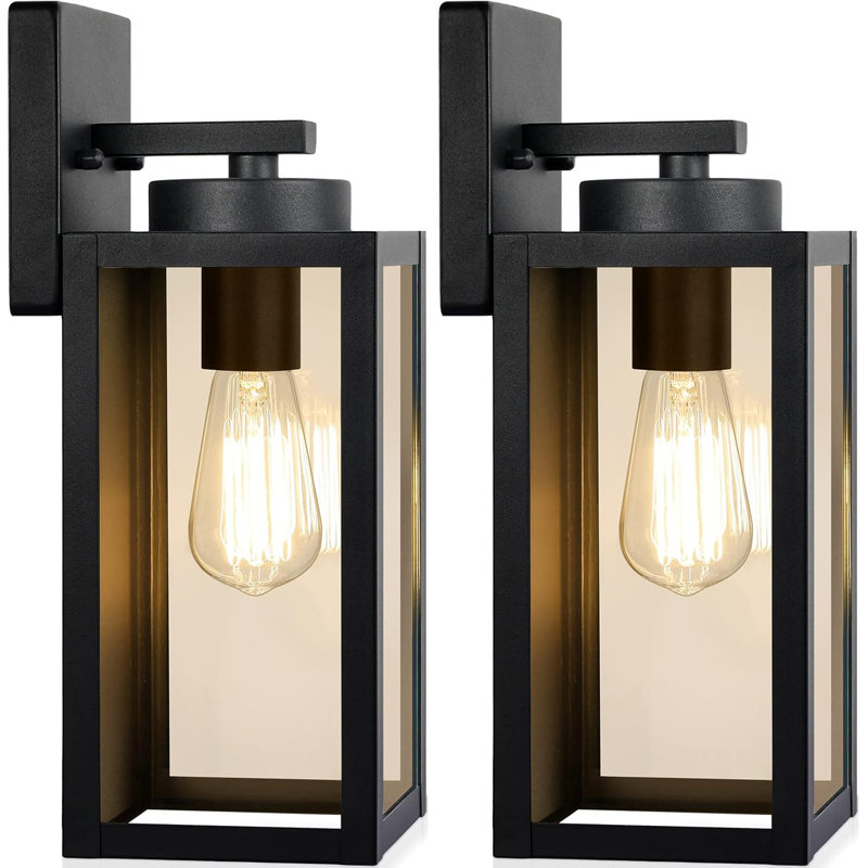 Outdoor Wall Light Fixtures, Exterior Waterproof Lanterns, Porch Sconces Wall Mounted Lighting With E26 Sockets & Glass Shades, Modern Matte Black Wall Lamps For Patio Front Door Entryway, 2-Pack