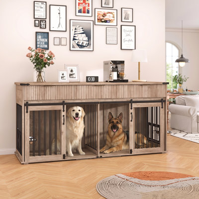 Cage double pour chien de style meuble avec 3 tiroirs, prise de courant de type C et distributeurs de nourriture rotatifs