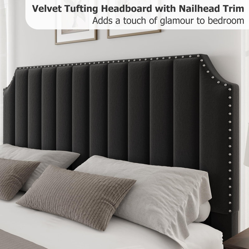 Base de lit plateforme avec tête de lit 50,2 po, Noir, Très grand