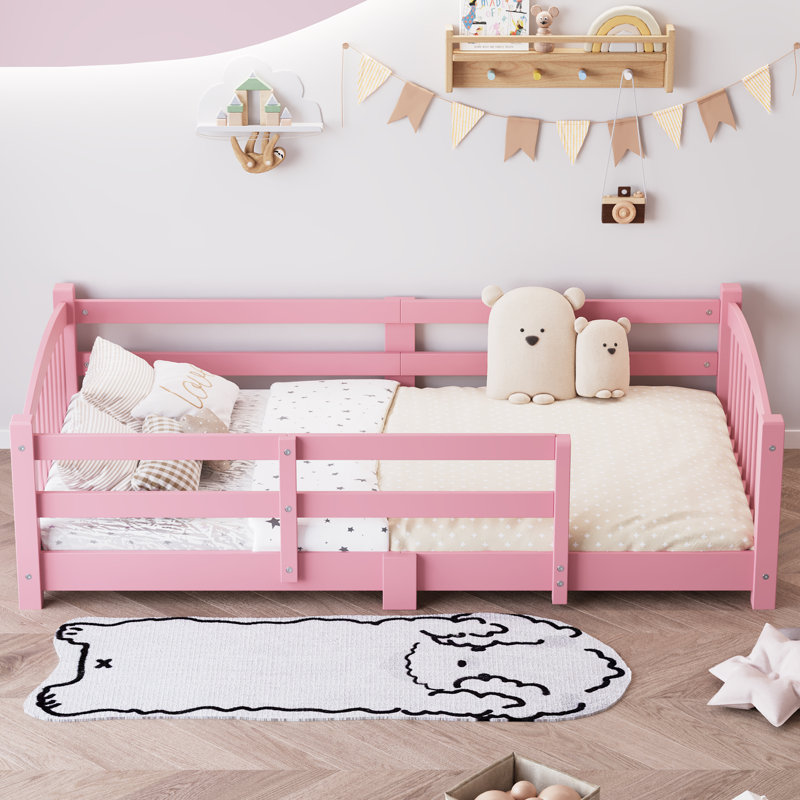 Lit simple Montessori avec garde-corps et lattes, bois massif, facile à assembler pour les enfants - rose, Twin, Rose