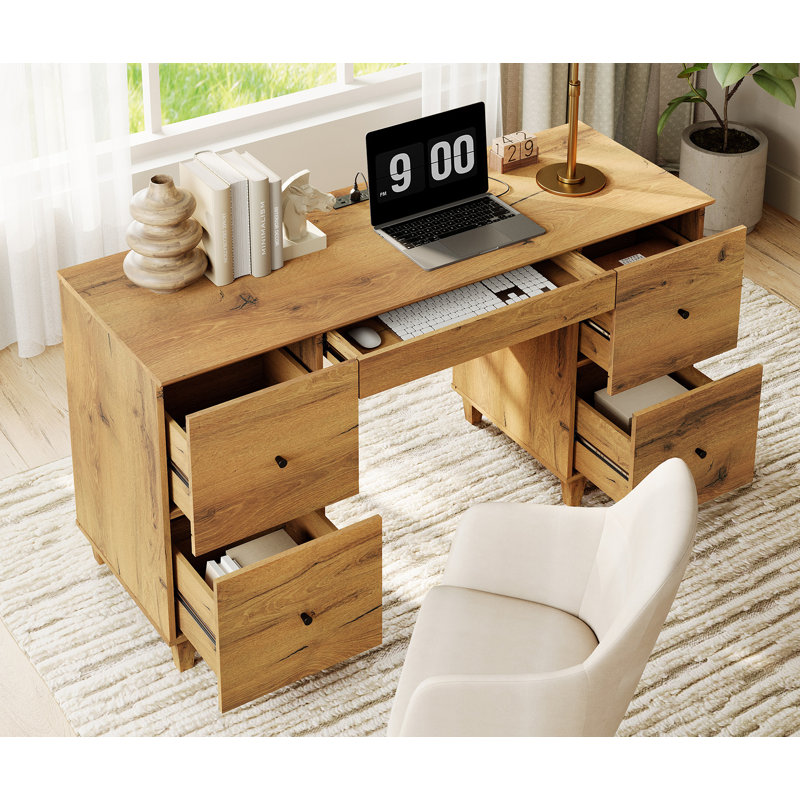 58" Executive Desk With 4 Drawers, Modern Farmhouse Home Office Computer Table With Charging Station, Keyboard Tray