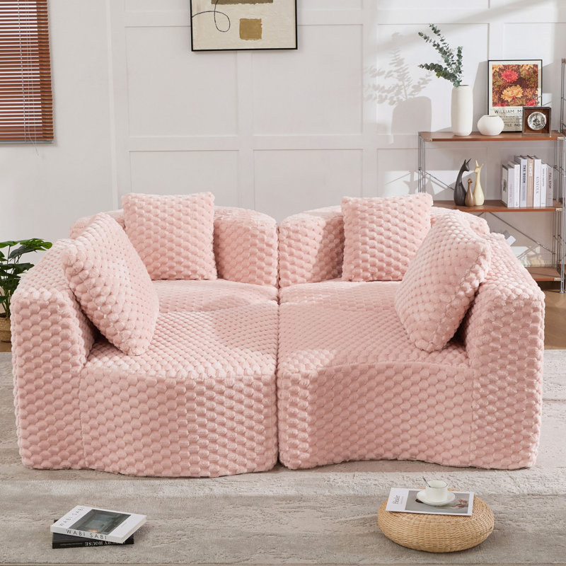 Canapé modulaire modulaire de 137,8 po sans os rembourré pour le salon, Pink Polyester, Pink